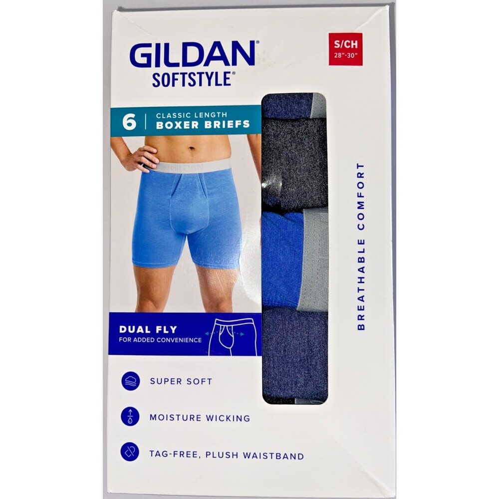 Gildan Softstyle Boxer Briefs 6 Pack Men’s S Small Moisture Wicking Dual Fly NEW